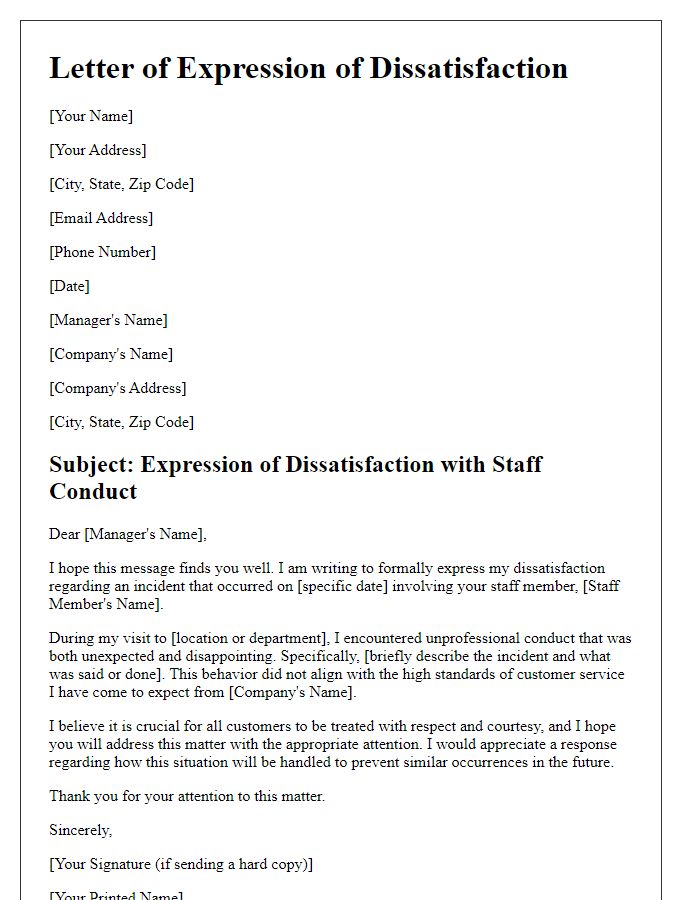 Letter template of expression of dissatisfaction with staff conduct