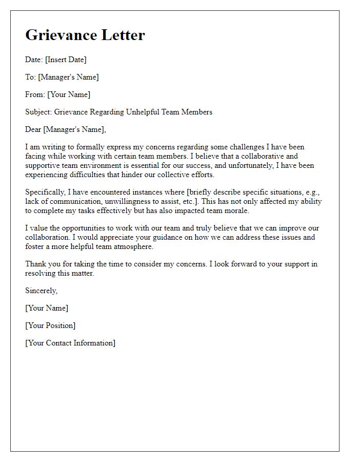 Letter template of grievance about unhelpful team members