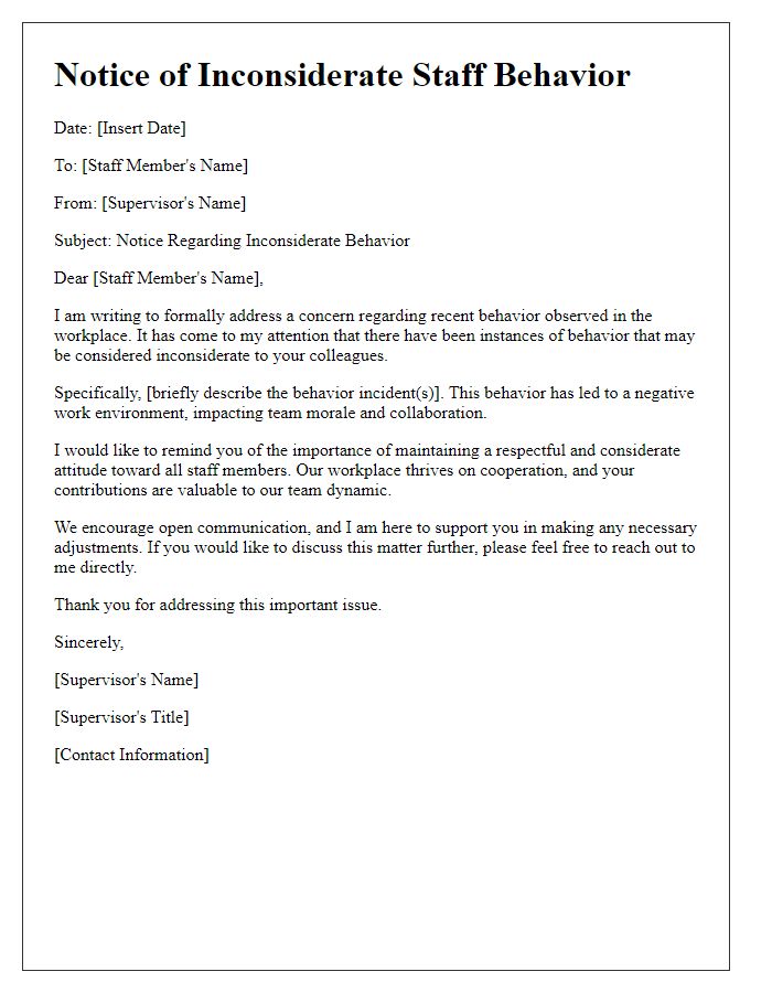 Letter template of notice about inconsiderate staff behavior