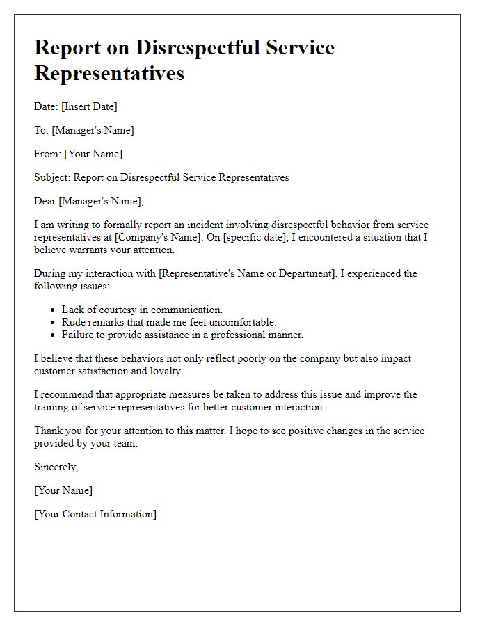 Letter template of report on disrespectful service representatives