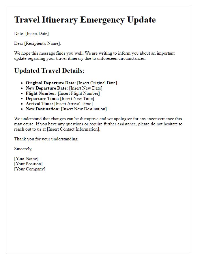 Letter template of travel itinerary emergency update