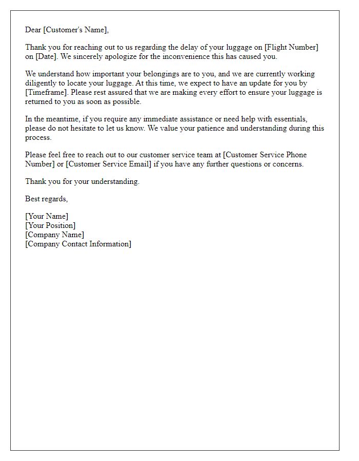 Letter template of customer service response for delayed luggage