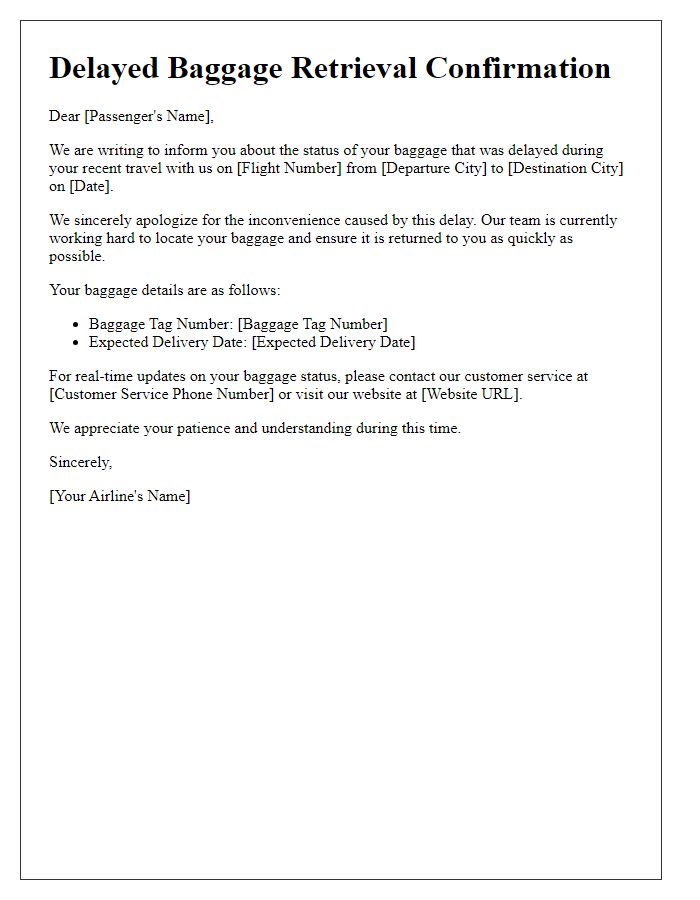 Letter template of delayed baggage retrieval information