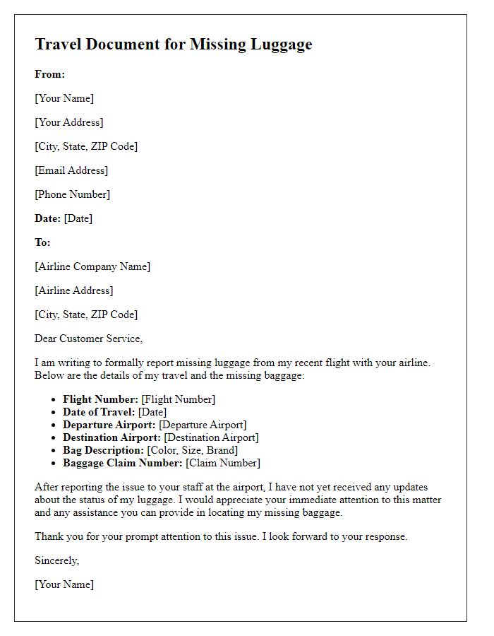 Letter template of travel document for missing luggage