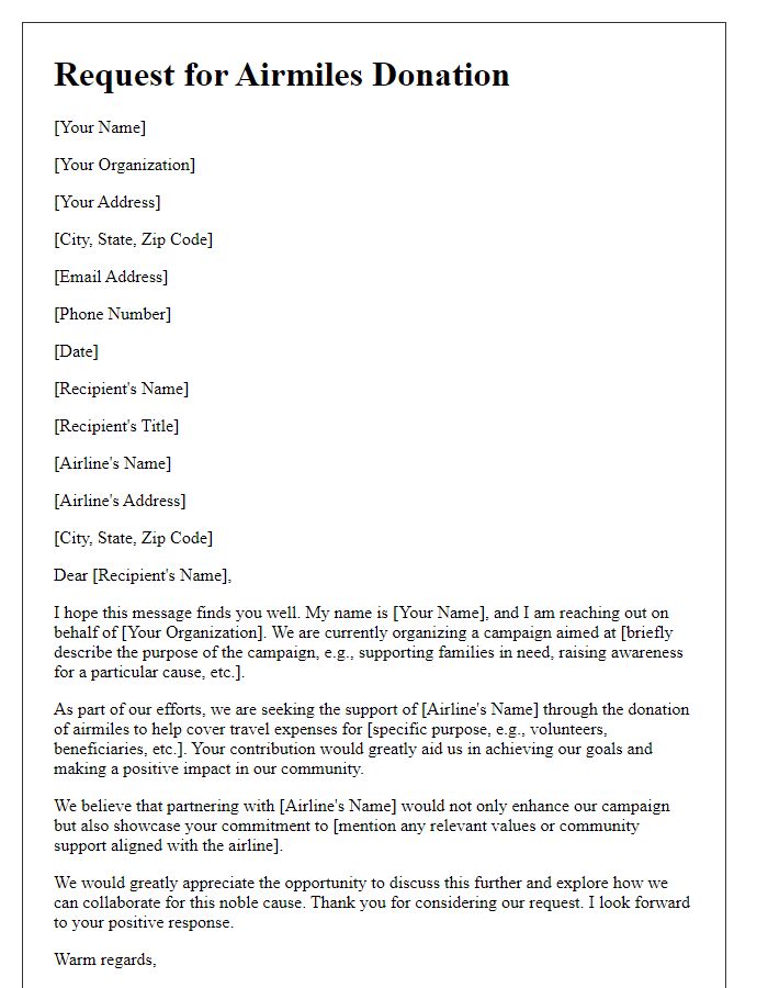 Letter template of sponsorship request for airline airmiles donation campaign