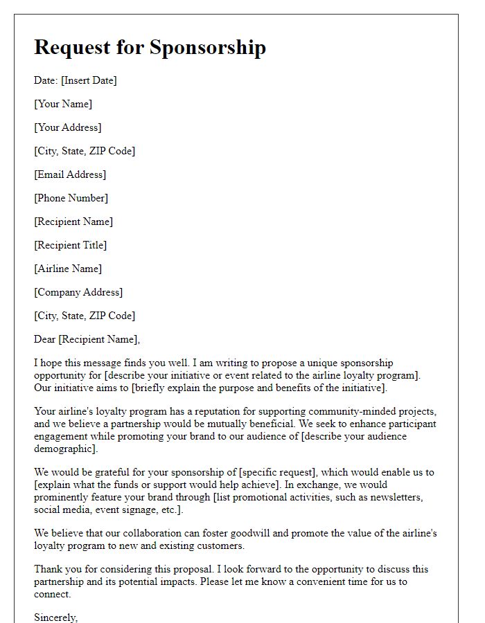 Letter template of sponsorship request for airline loyalty program initiative