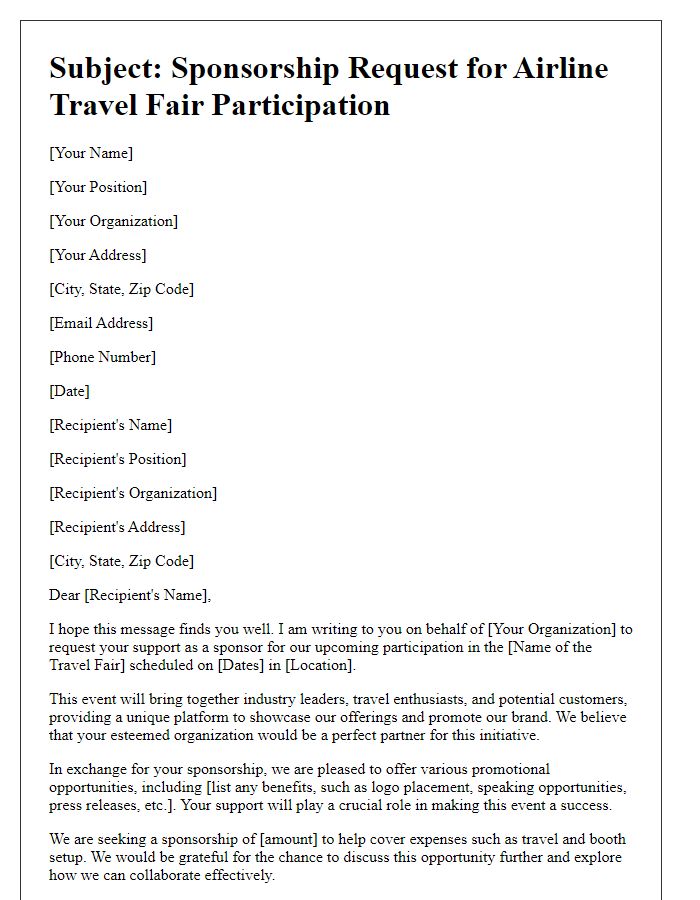 Letter template of sponsorship request for airline travel fair participation