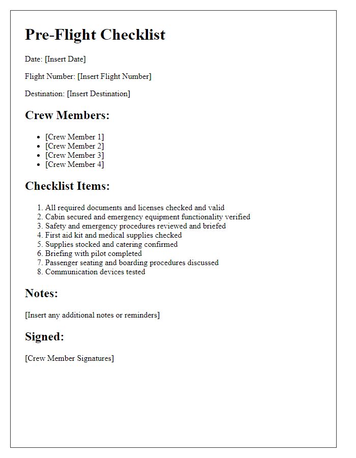 Letter template of pre-flight checklist for cabin crew preparation.