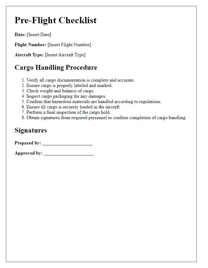 Letter template of pre-flight checklist for cargo handling procedure.