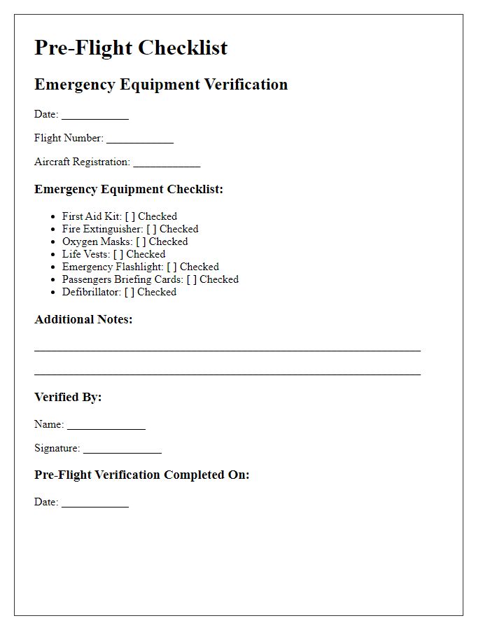 Letter template of pre-flight checklist for emergency equipment verification.