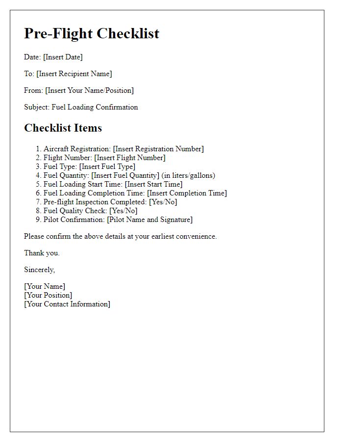 Letter template of pre-flight checklist for fuel loading confirmation.