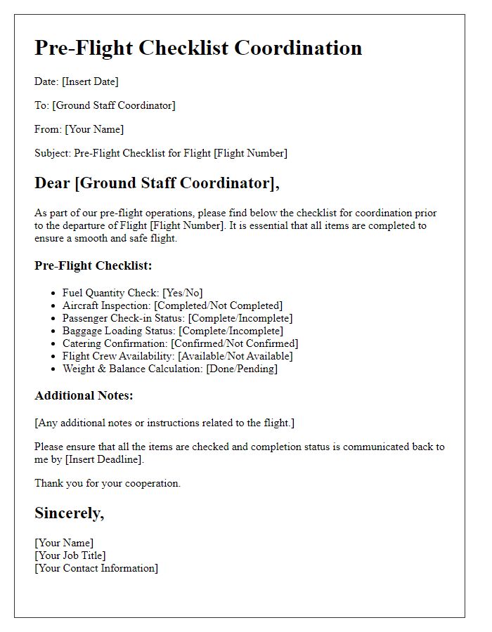 Letter template of pre-flight checklist for ground staff coordination.