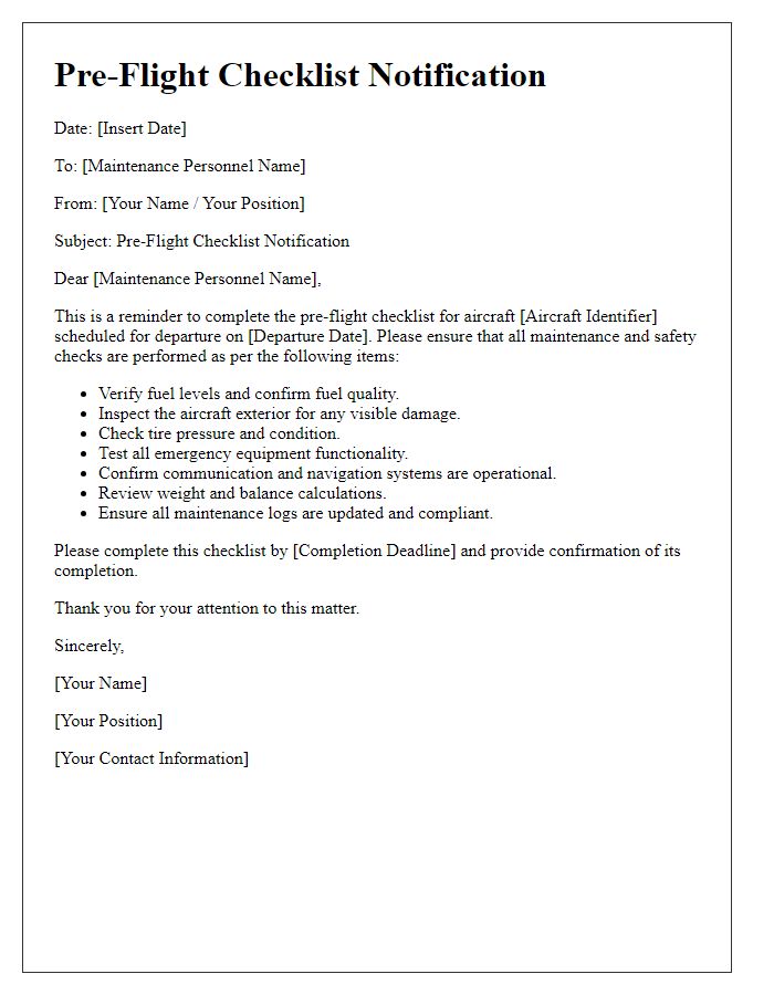 Letter template of pre-flight checklist for maintenance personnel notification.