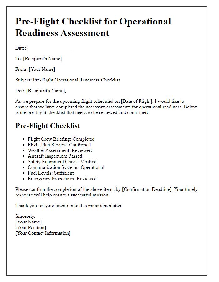 Letter template of pre-flight checklist for operational readiness assessment.