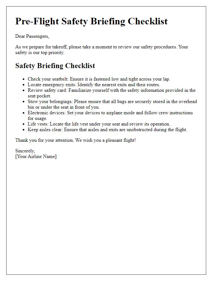 Letter template of pre-flight checklist for passenger safety briefing.