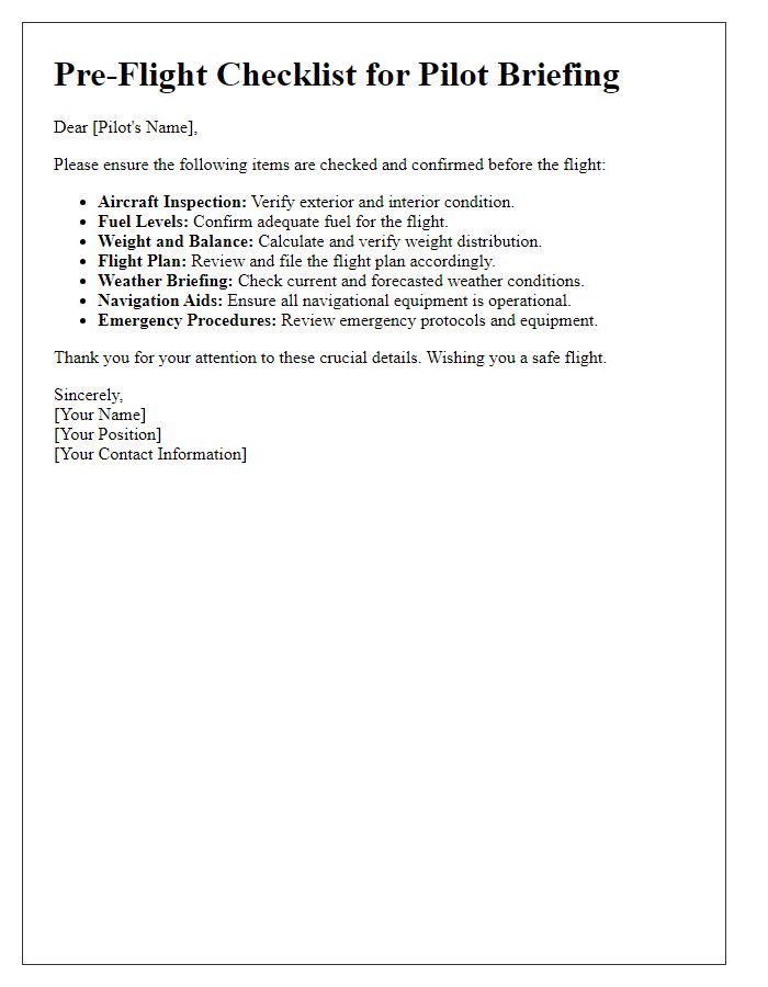 Letter template of pre-flight checklist for pilot briefing information.