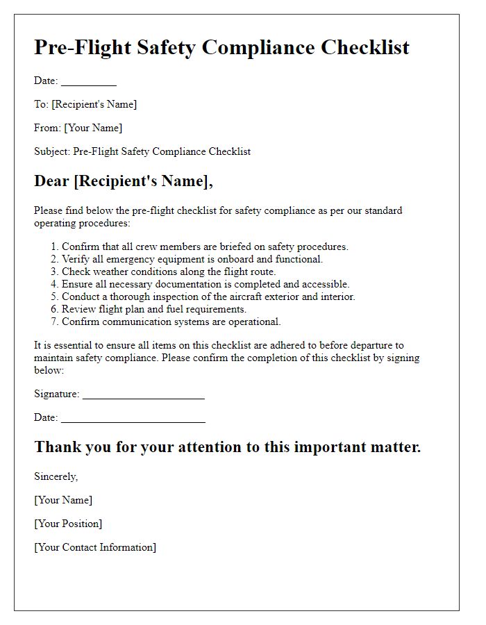 Letter template of pre-flight checklist for safety compliance communication.