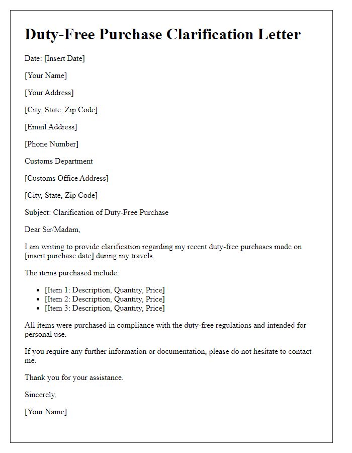 Letter template of duty-free purchase clarification for customs regulations.