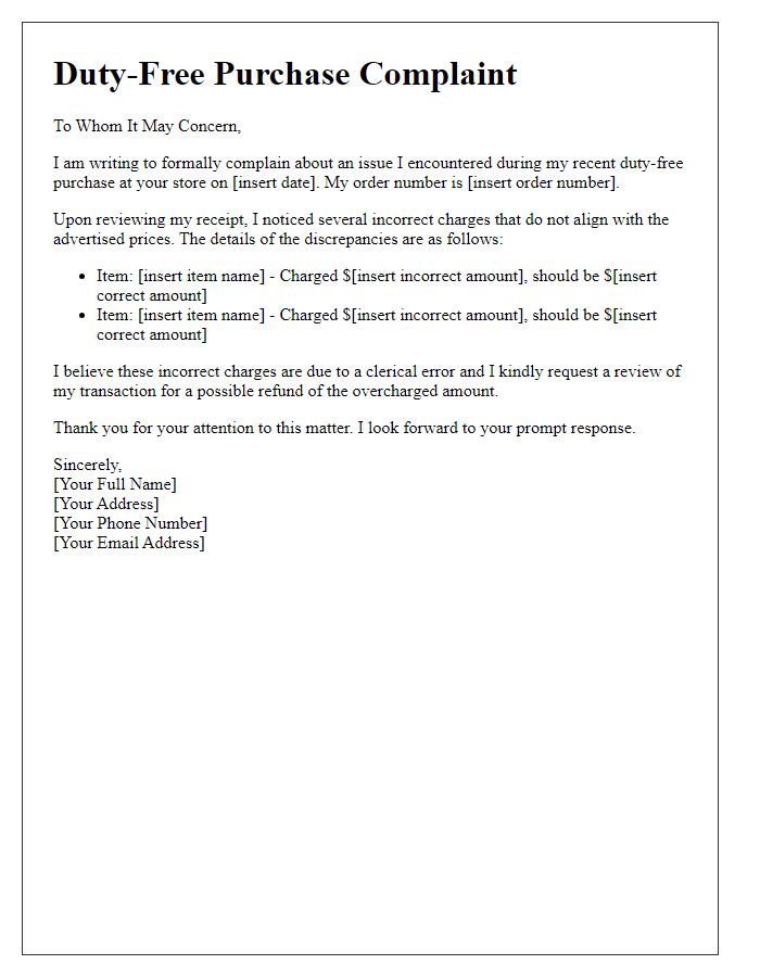 Letter template of duty-free purchase complaint regarding incorrect charges.