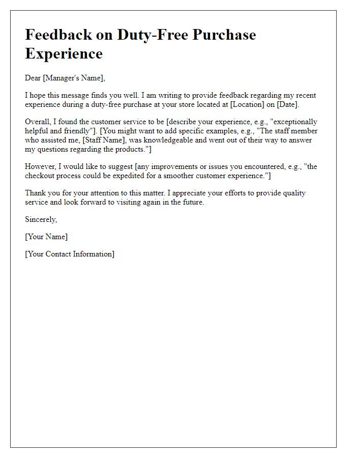 Letter template of duty-free purchase feedback on customer service experience.