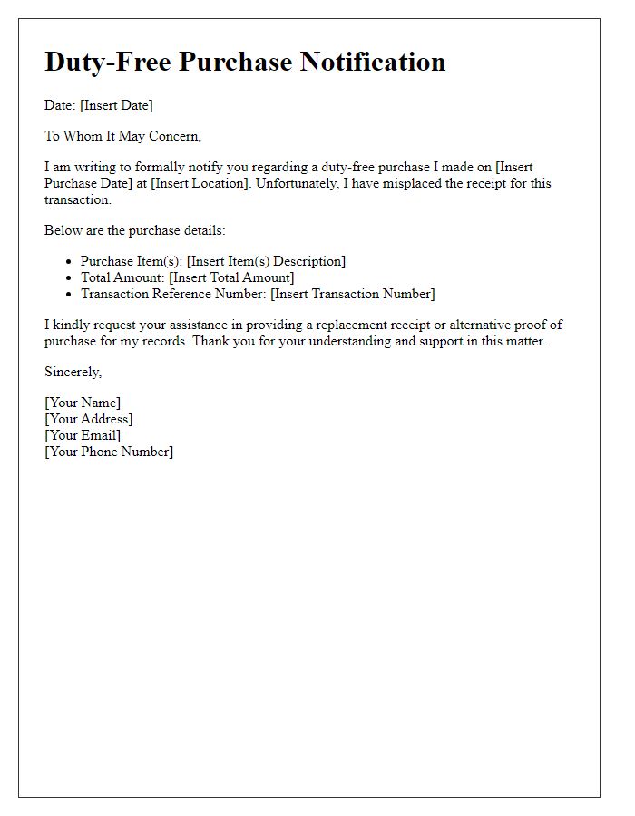 Letter template of duty-free purchase notification for lost receipt.