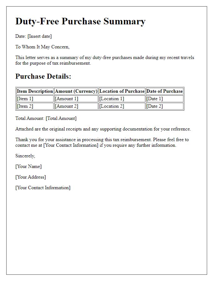 Letter template of duty-free purchase summary for tax reimbursement process.