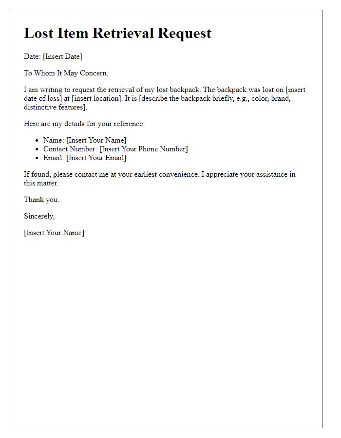 Letter template of lost item retrieval request for a backpack