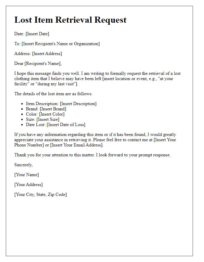 Letter template of lost item retrieval request for clothing items