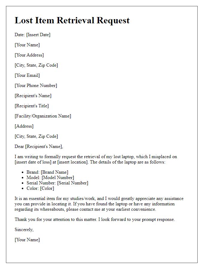 Letter template of lost item retrieval request for a laptop