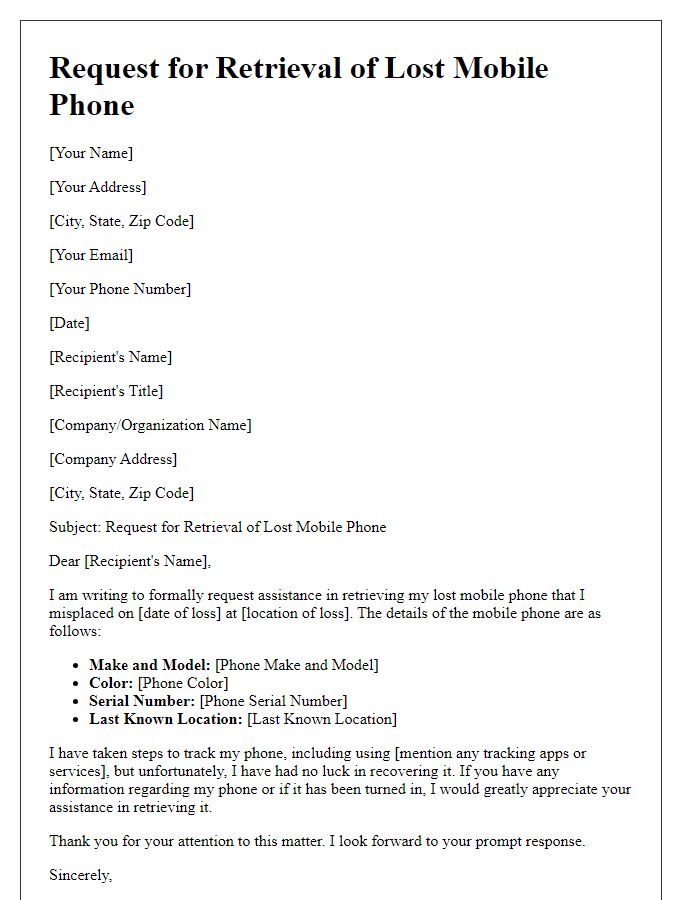 Letter template of lost item retrieval request for a mobile phone