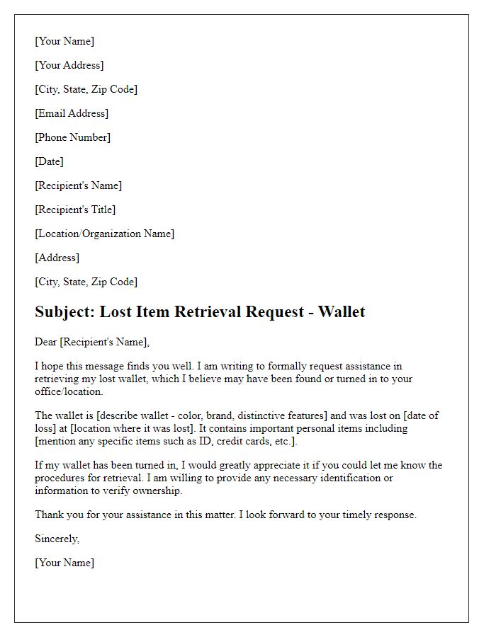 Letter template of lost item retrieval request for a wallet