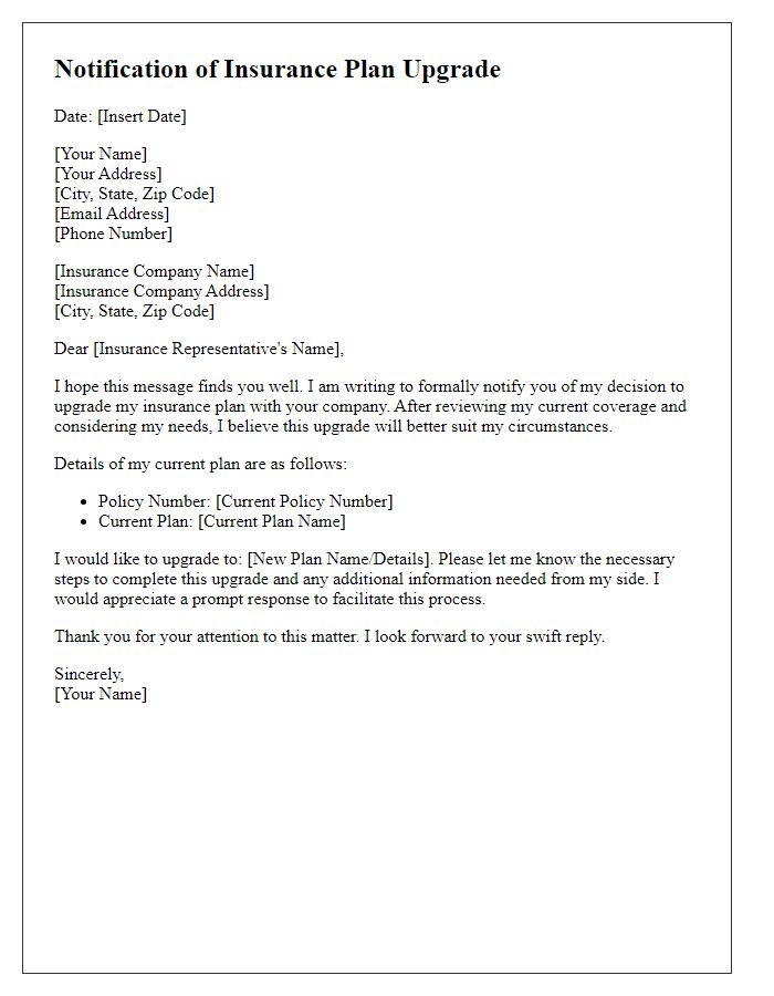 Letter template of notification for upgrading my insurance plan