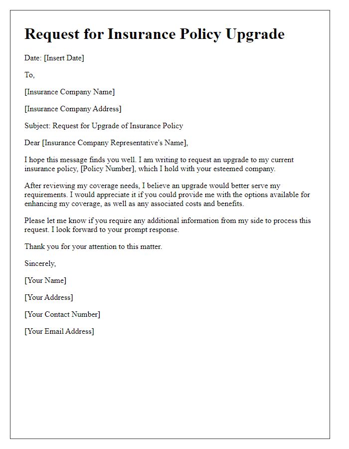 Letter template of request for insurance policy upgrade