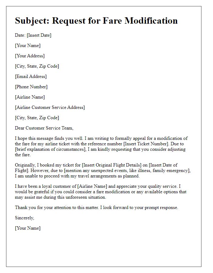 Letter template of appeal for airline ticket fare modification.