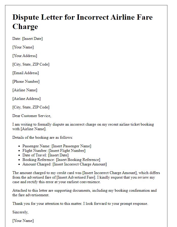 Letter template of dispute for incorrect airline fare charge.