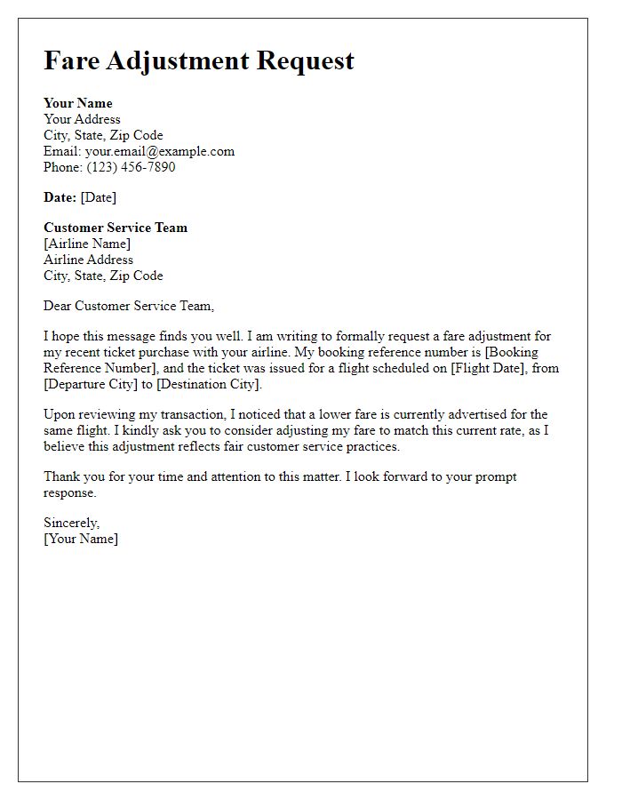 Letter template of fare adjustment request for airline ticket.