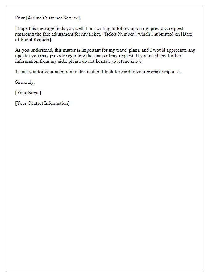 Letter template of follow-up on airline fare adjustment status.