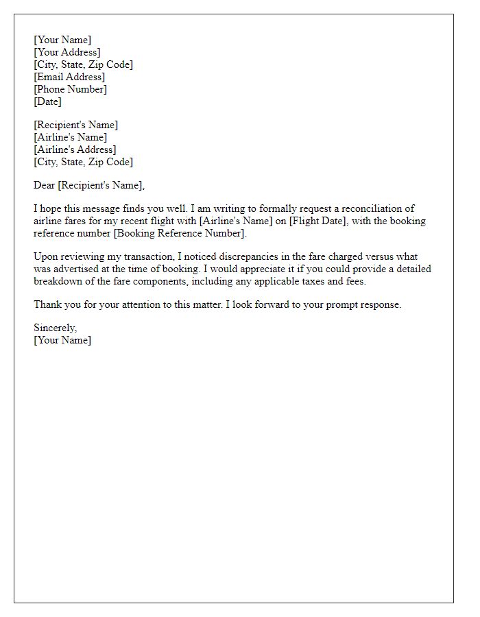 Letter template of formal request for airline fare reconciliation.