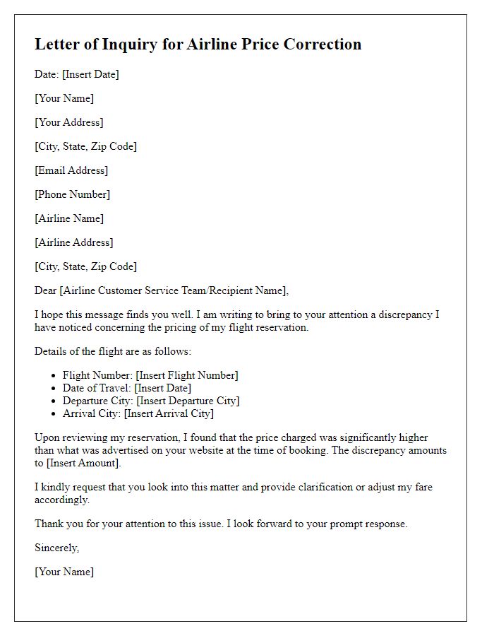 Letter template of inquiry for airline price correction.