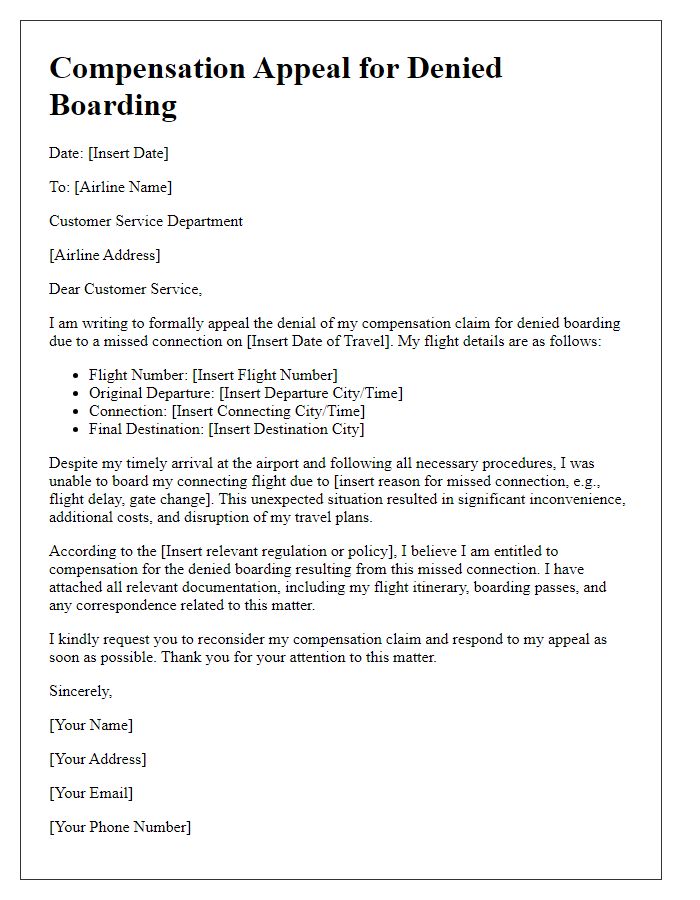 Letter template of denied boarding compensation appeal for missed connection