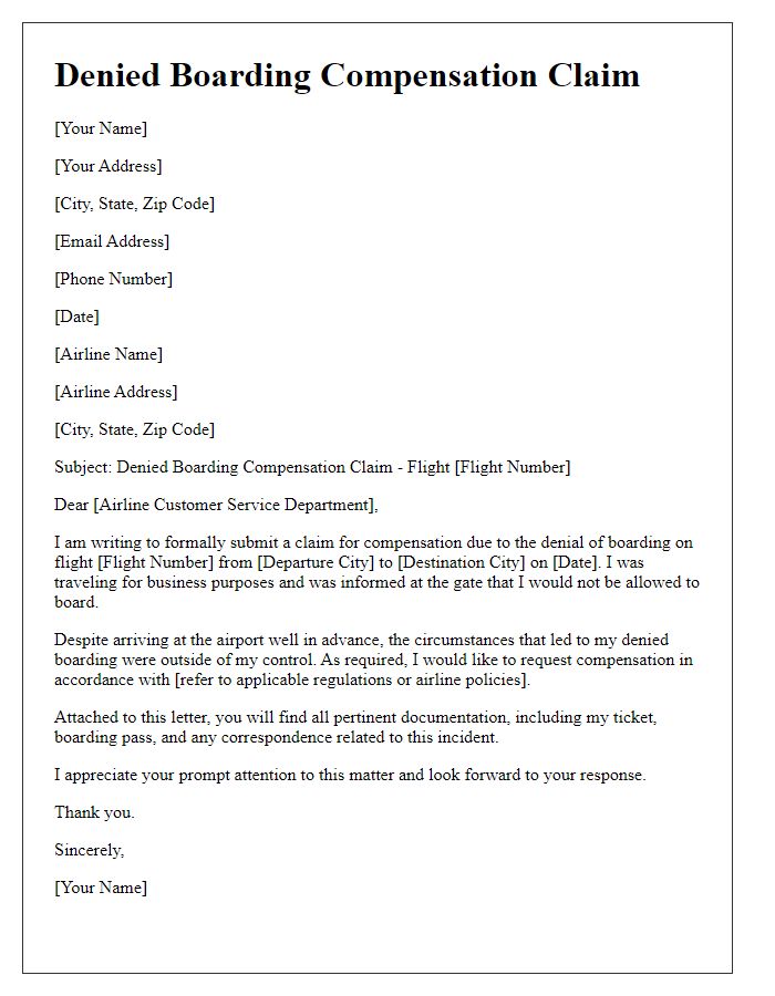 Letter template of denied boarding compensation claim for business travel disruption