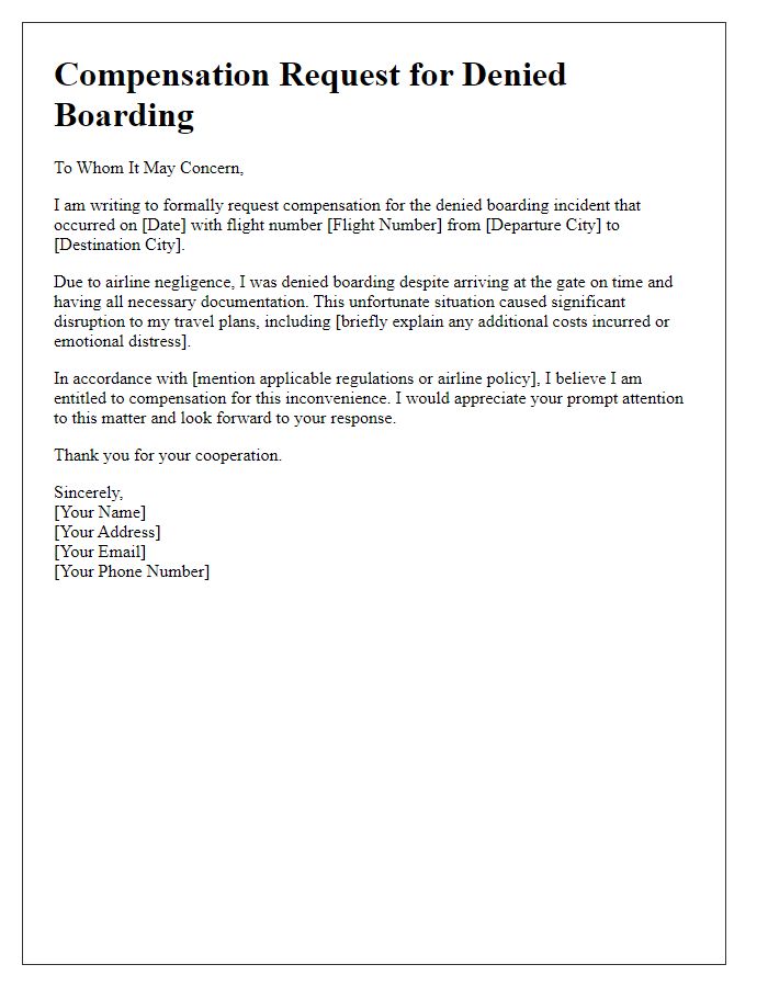 Letter template of denied boarding compensation request after airline negligence