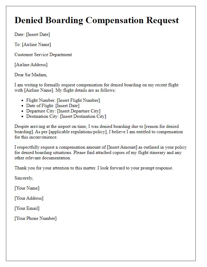 Letter template of denied boarding compensation request for delayed flight