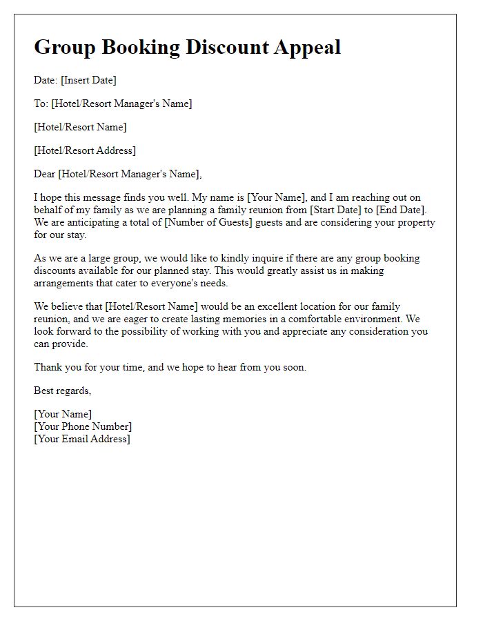 Letter template of group booking discount appeal for a family reunion.