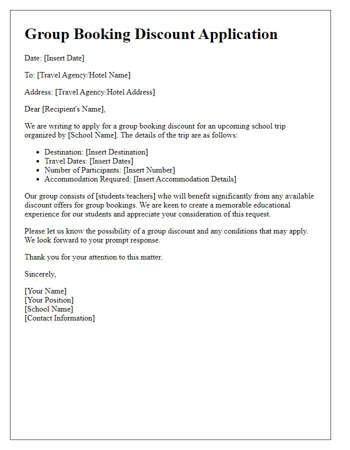 Letter template of group booking discount application for a school trip.