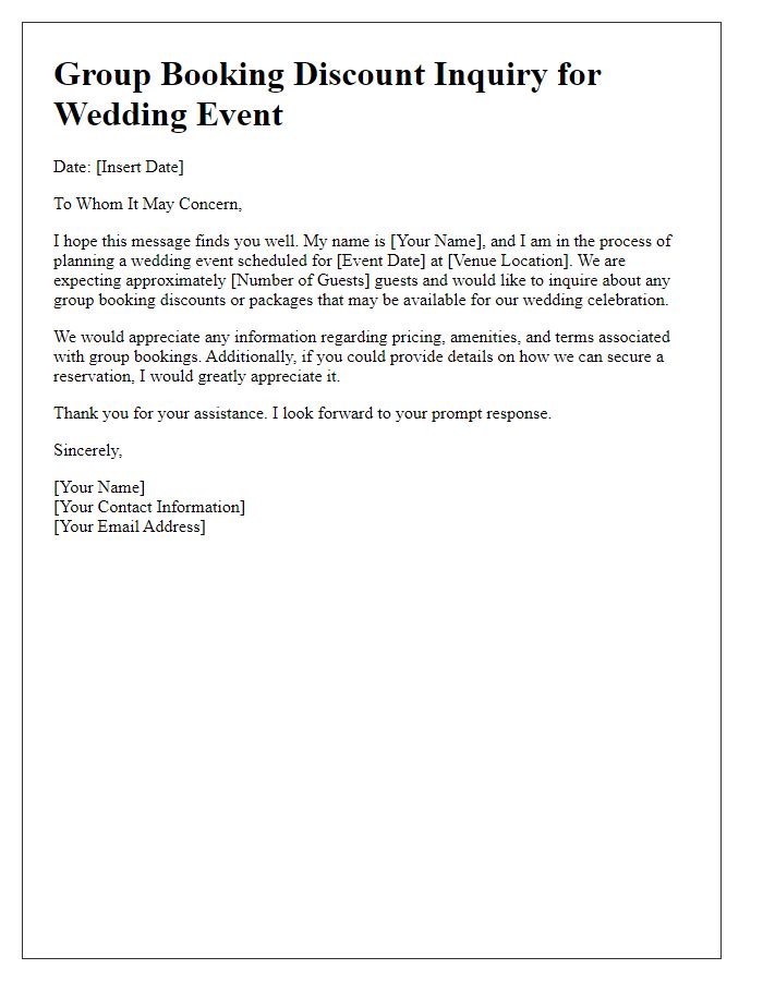 Letter template of group booking discount inquiry for a wedding event.