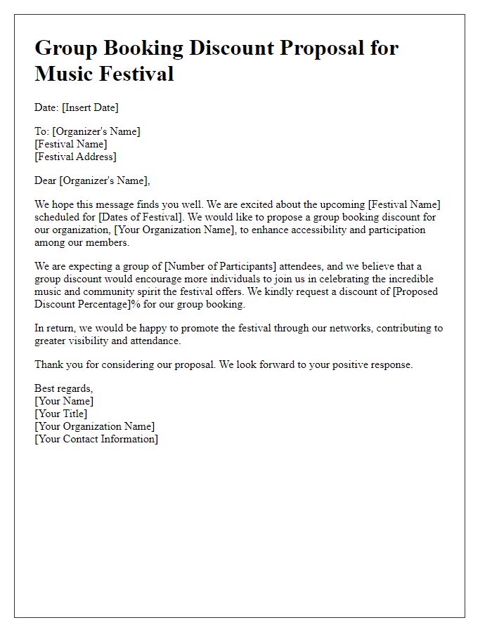 Letter template of group booking discount proposal for a music festival.