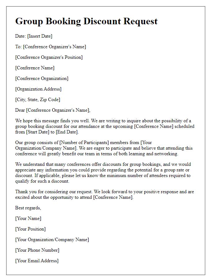 Letter template of group booking discount request for a conference attendance.