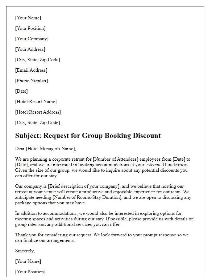 Letter template of group booking discount request for a corporate retreat.