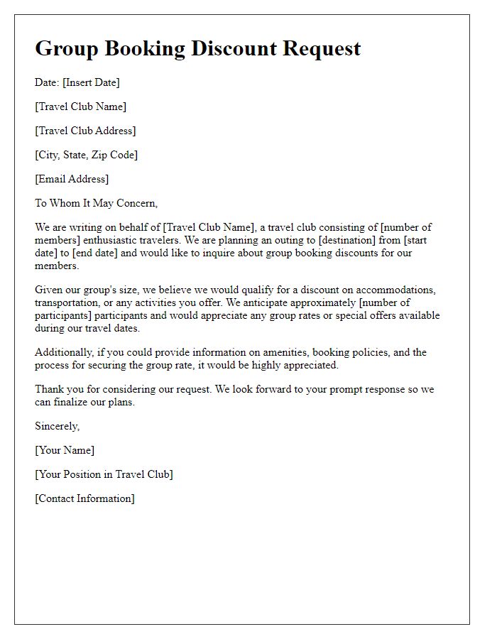 Letter template of group booking discount request for a travel club outing.